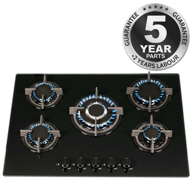 Premier Range 70 Black 5 Burner Gas Mirror Glass Hob with Wok