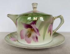 Vintage RS Germany Hand-painted Floral Creamer Teapot Lid Saucer Purple Gold
