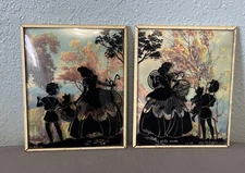 Vtg Convex Bubble Glass Silhouette Reverse Paint 5"x4" Woman Child Dog Set Of 2