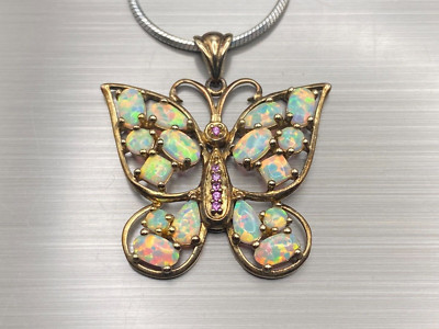 Heng Ngai Sterling Silver Amethyst & Lab Opal Butterfly pend 20'' Snake Chain 8gm