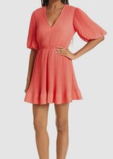  395 Milly Women's Orange Elle V-Neck Pleated A-Line Dress Size 4