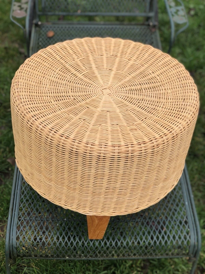 1970s Handwoven Wicker & Bamboo Round Footstool Ottoman - Image 3 of 4