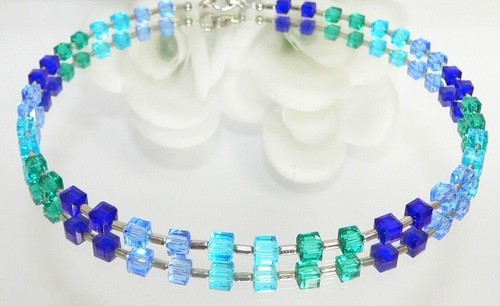 Halskette Würfelkette Würfel Kristall Glas türkis blau hellblau dunkelblau 095f - Bild 2 von 10
