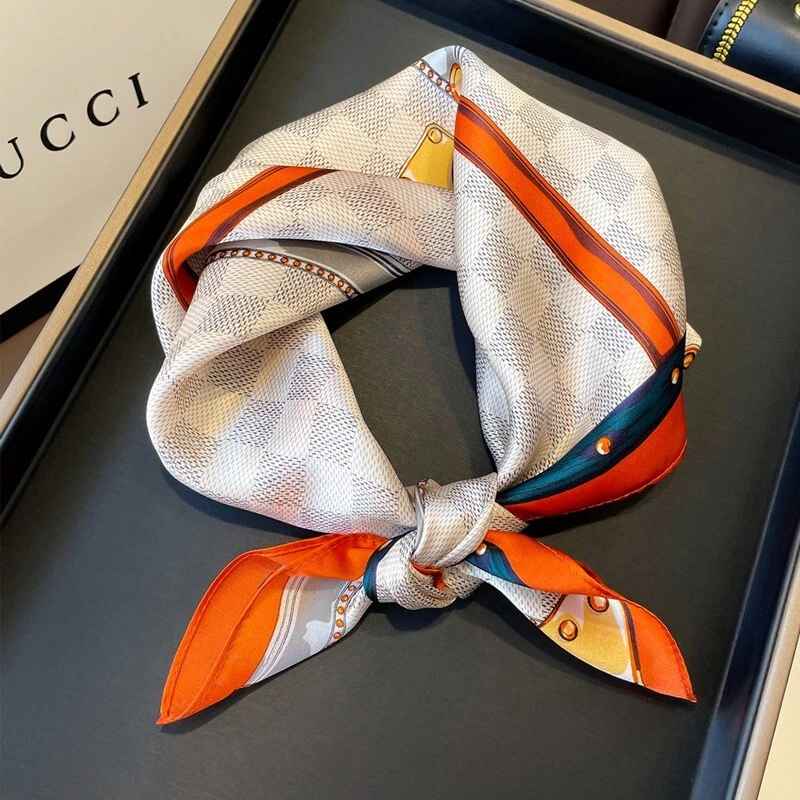 100% Silk Women Vintage Small Bandana Orange Check Kerchief Turban 53*53cm Scarf