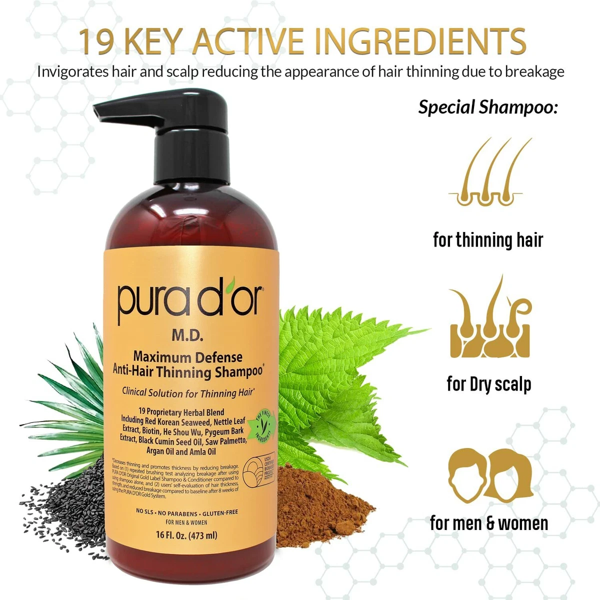 Pura D'or MD Anti-Thinning Shampoo w/ Biotin, Coal-Tar 19+ Herbal Blend & Deep Moisturizing Conditioner Set: Reduce Hair Thinning and Healthy Scalp