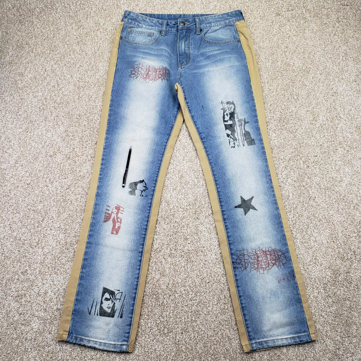 21 Men Size 32x32 Mens Slim Straight Denim Graphic Blue Beige