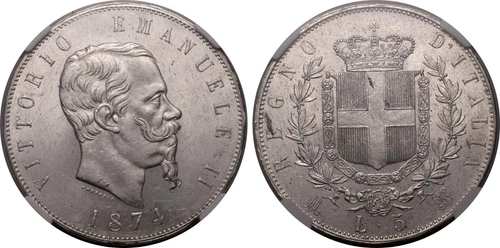 ITALY , 5 LIRE VITTORIO EMANUELE II  1874 M BN  ( 24 ) NGC MS 63 , RARE