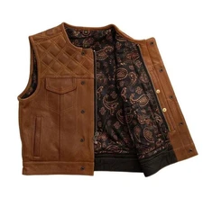 Men's Tan Genuine Leather Biker Vest with Paisley Lining Vintage Motorcycle Gear