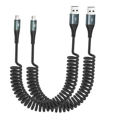 Coiled Lightning Cable 3ft Nylon Braided, 2Pack-3FT Grey USB A to Lightning