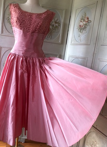 DE COLECCIÓN AÑOS 40 FRED PERLBERGER BAILE ORIGINALES FIESTA ENCAJE TAFETÁN PLISADO ROSA USADO EN EXCELENTE ESTADO - Imagen 3 de 12