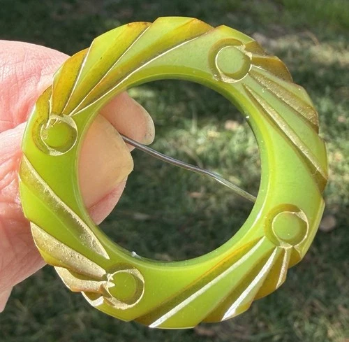 Bakelite Vintage Green carved brooch pin Tested jewelry