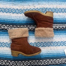 Women's Vintage 80's Leather Uppers Brown Suede Ankle Boots Faux Fur Cuffs Sz 8