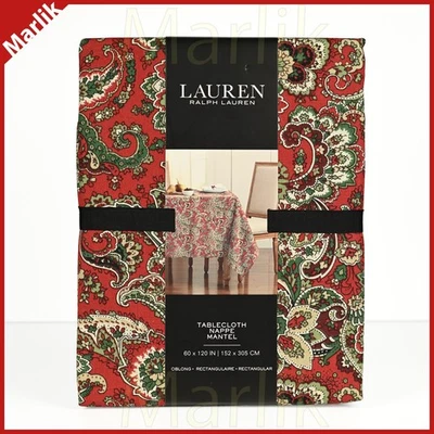 Lauren Ralph Lauren CHRISTMAS TABLECLOTH Paisley Red Green 60x120", Cotton, NEW