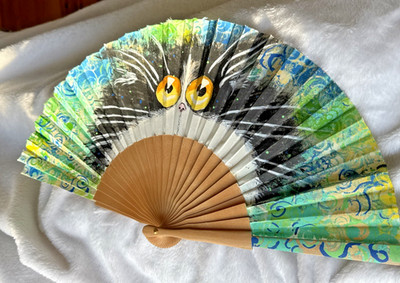 Hand Painted Cat Themed Wood/Silk Decorative Chinese Fan