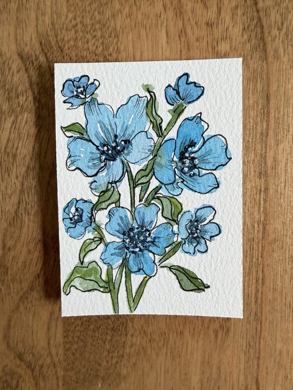 ACEO Original flowers abstract botanical illustration blue floral 2.5x3.5in
