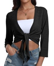 Women's Tie Front Shrug 3/4 Sleeve Bolero Cardigan Lightweight Medium 01 Black