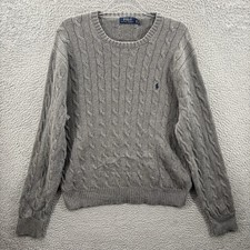Polo Ralph Lauren Sweater Mens XL Gray Cable Knit Crewneck Pullover Navy Pony