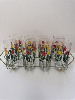 MCM 8 Vintage Red & Yellow Tulip Drinking Glasses And Jadite Green Metal Caddy