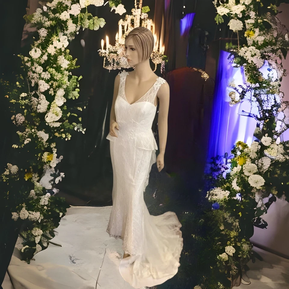 Vestido de noiva David's Bridal Galina marfim renda peplum botão para cima 8 - Imagem 2 de 4