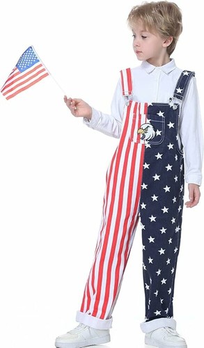 BOY'S USA PATRIOTIC OVERALLS W/ ADJUSTABLE STRAPS SIZE 12 RED / WHITE / BLUE - Picture 2 of 11