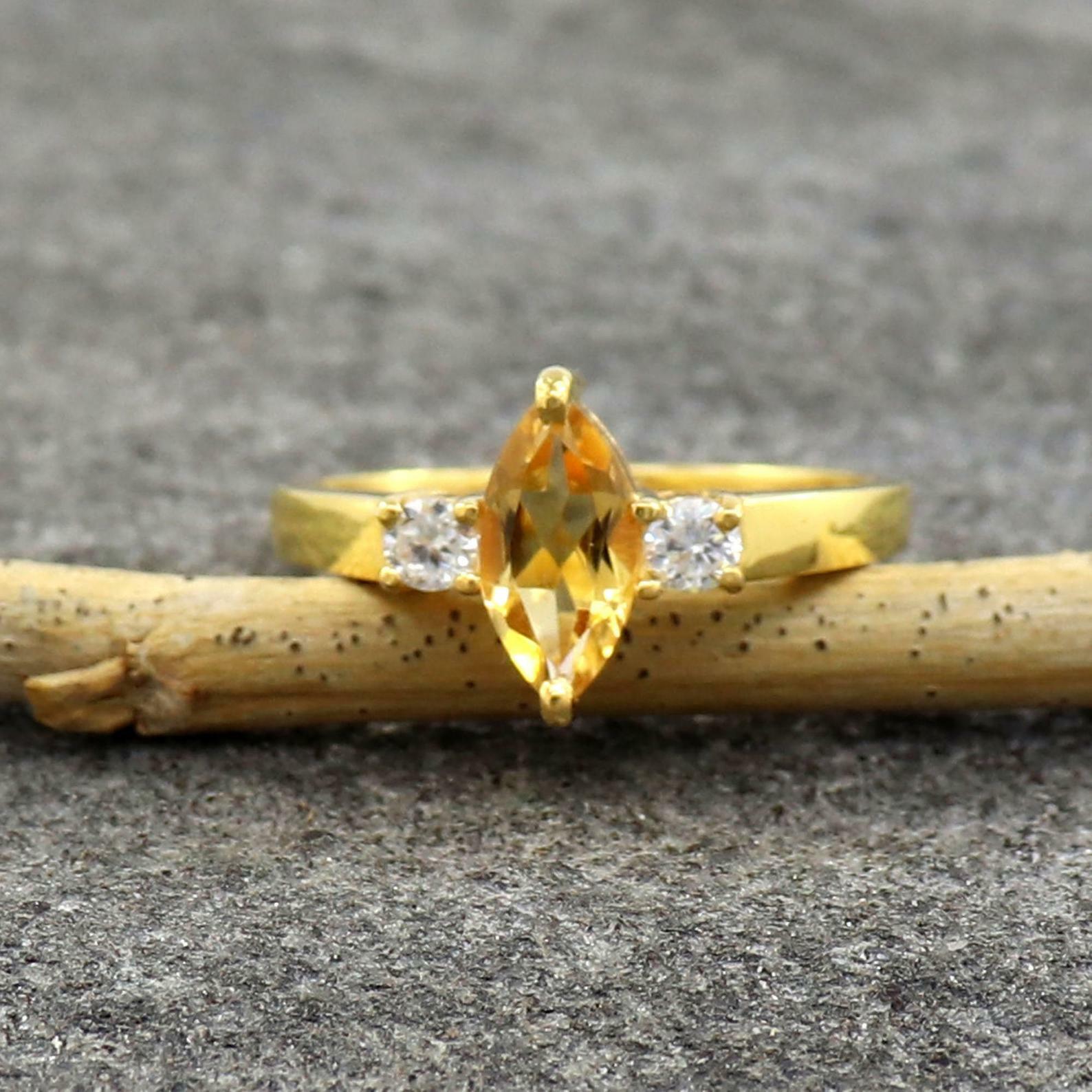 1ct Lab-Created Citrine Moissanite Trilogy Engagement Ring in 14k Gold Plated