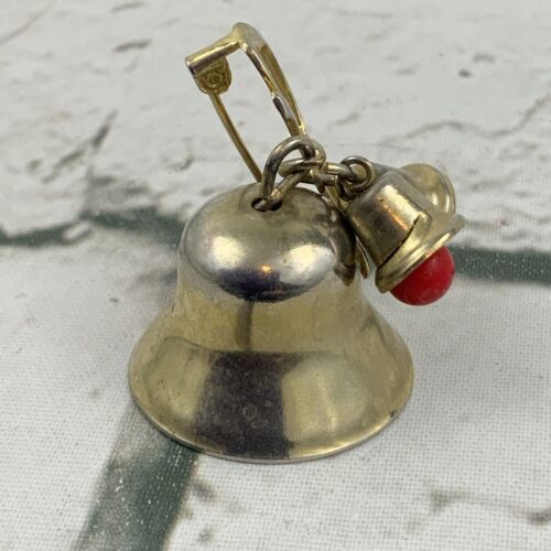 Vintage Brass Bell Lapel Pin Red Clappers Fashion Jewelry Christmas - Picture 2 of 4