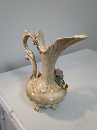 Beautiful Italian Capodimonte 9” Vase Handled & Footed Pink Flowers & Stamp - Picture 4 of 13