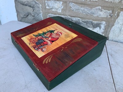 Santa Painted Front Vintage Writing Desk Box Case Slanted 14x13'' Light Pine Wood