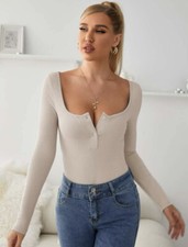 SHEIN Ribbed Knit Slim Fit Bodysuit Apricot Large 8/10 NEW