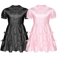 Men Bowknot Ruffle Satin French Maid Uniform Crossdressing Costume Dress