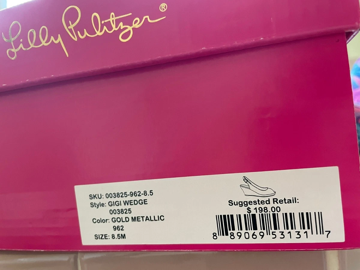 New in Box Lilly Pulitzer Size 8.5 Gigi Wedge Shoes Heels Gold