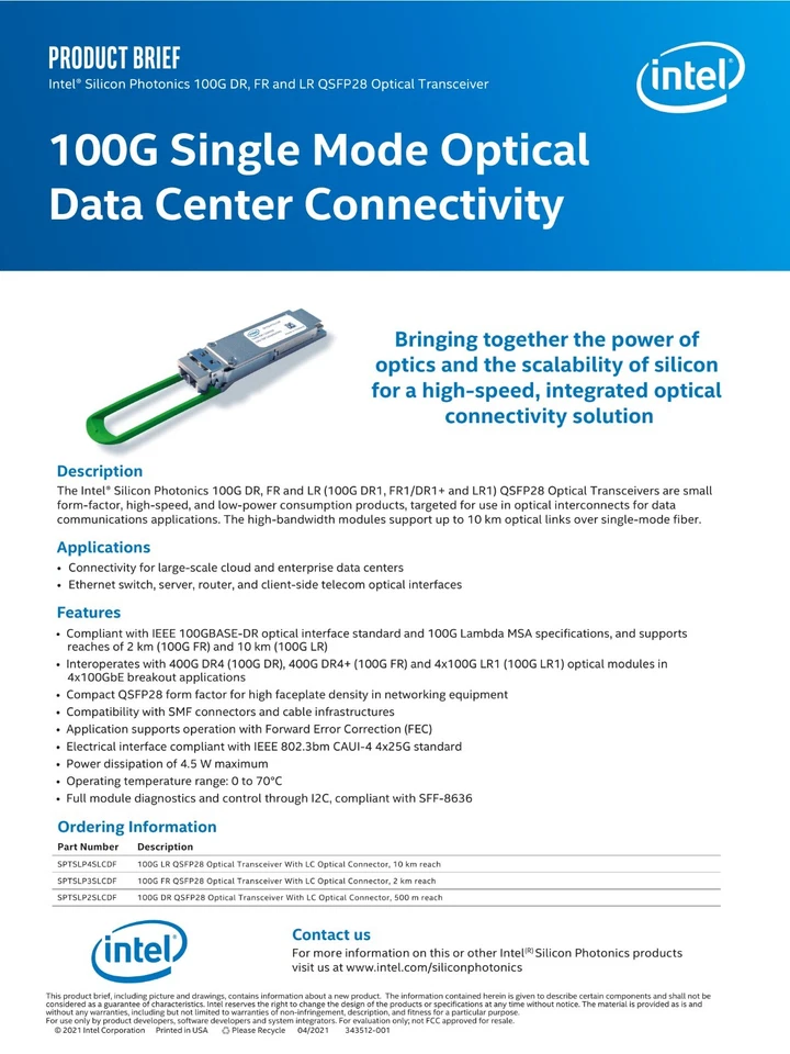 NEW Intel SPTSLP2SLCDF QSFP28 PAM4 1310nm DOM 500m SMF LC Singlemode Duplex - Image 3 of 3