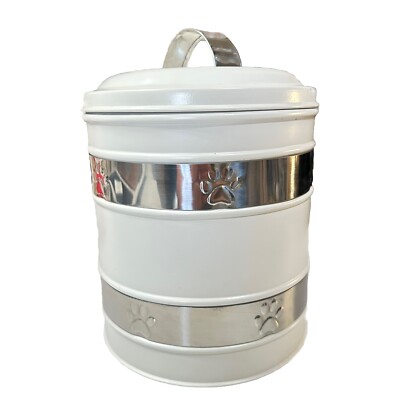 Dog Treat Canister Cream Colored With Silver Bands Dog Paws Lid Made In India