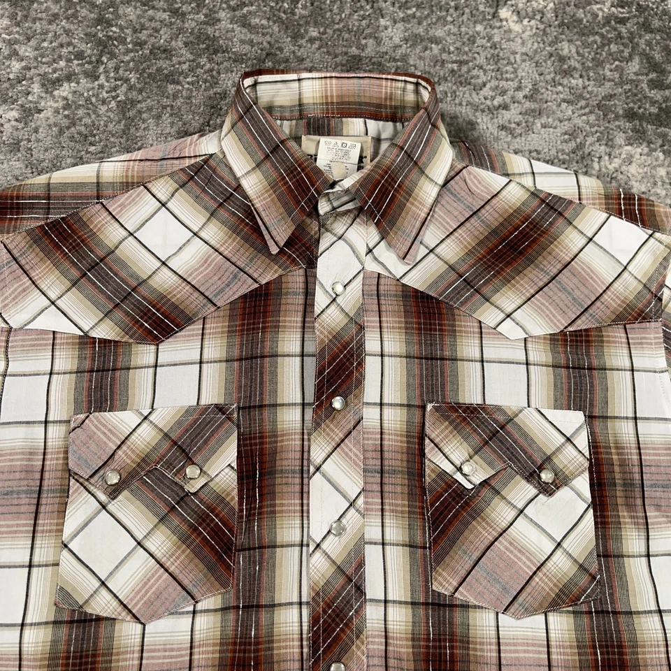 Camisa Rustler Western de Colección Para Hombres Grande L Beige A Cuadros Perla A Presión Diente de Sierra Metálico Foto 2 de 4