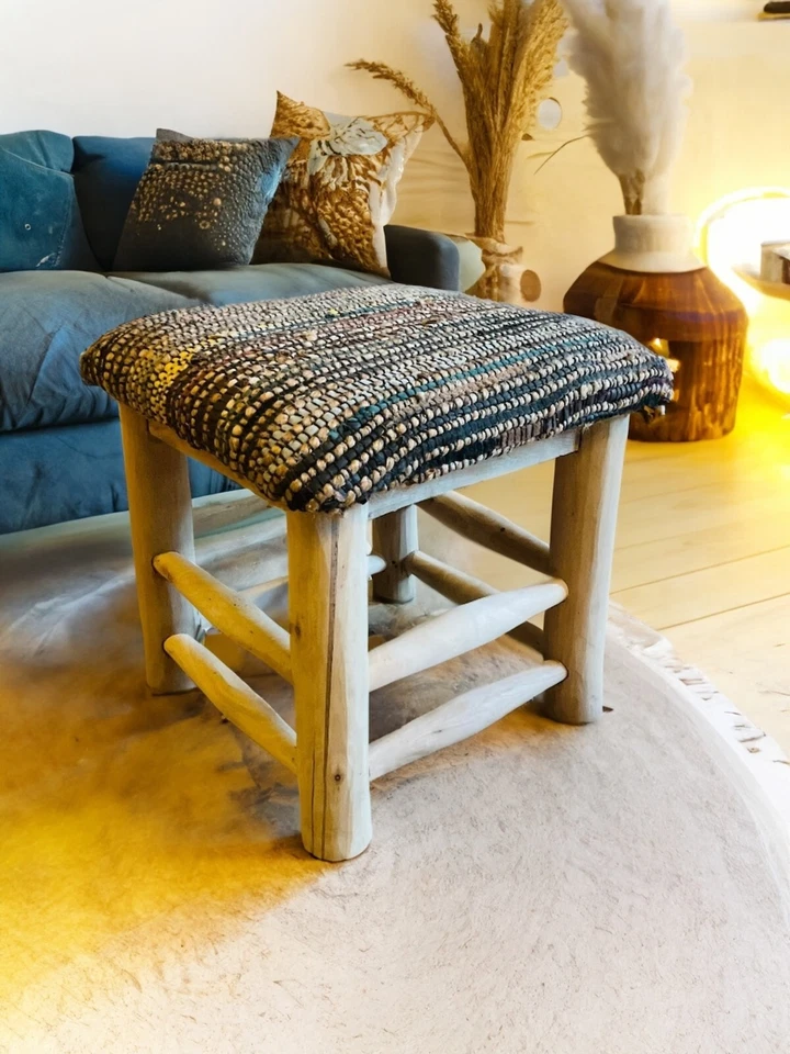 Mango Wood Stool Handmade Solid Hemp Leather Natural Brown Multi Colour Seat - Image 3 of 4