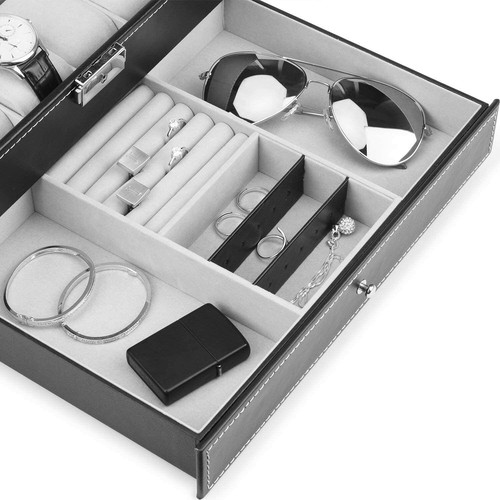 12 Schlitz PU Leder Etui Organizer Uhrenbox mit Schmuck Schublade für Aufbewahrung Display - Bild 6 von 7