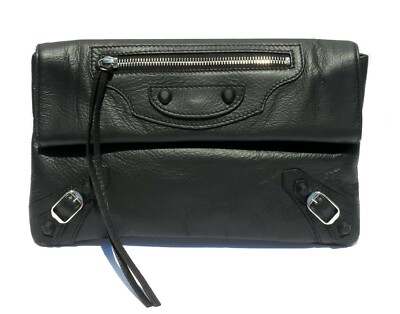 BALENCIAGA Paris Black Chevre Leather Silver HW Flap Envelope