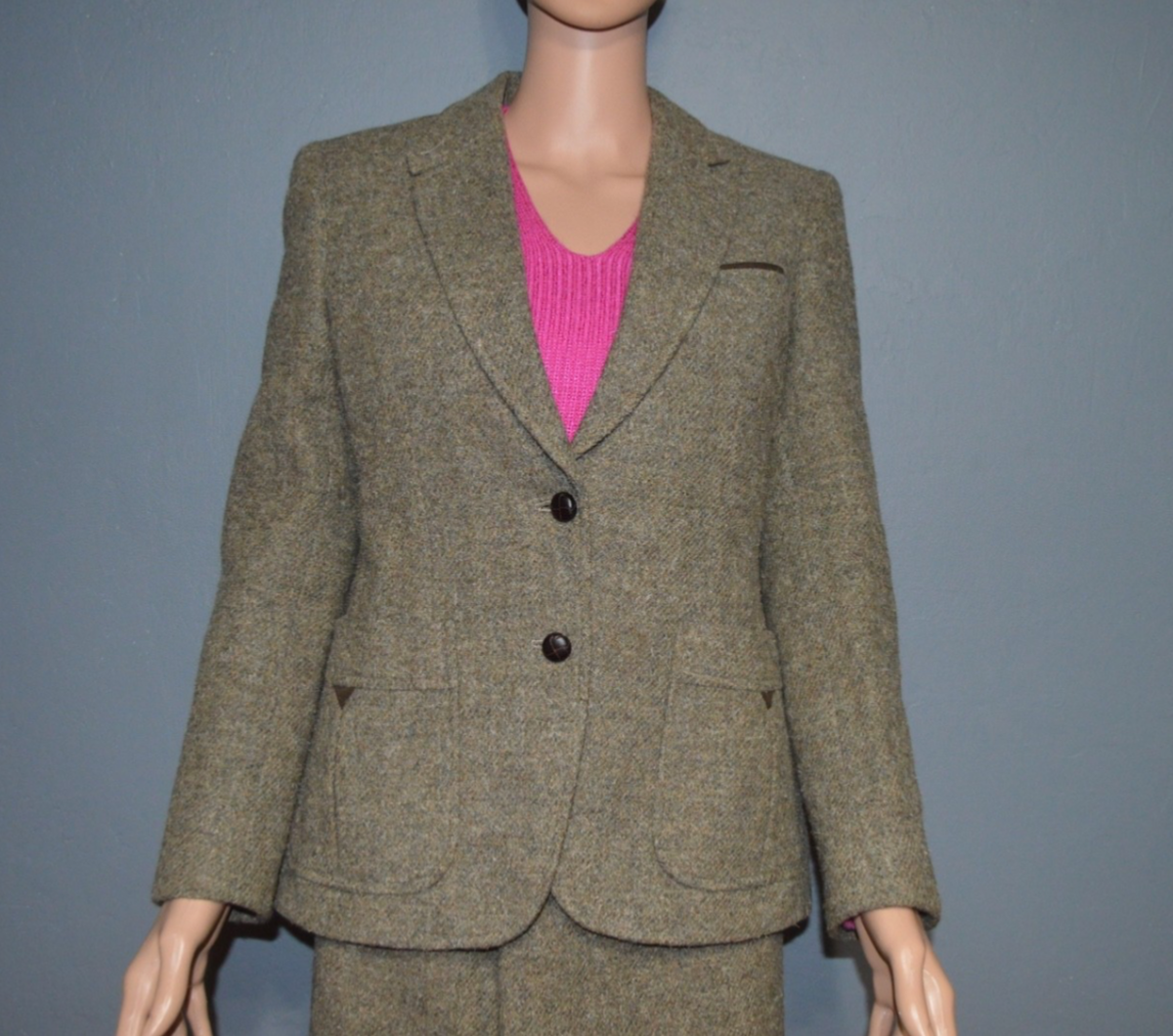 タグ付きBurberrys’バーバリーズノーカラースカートスーツ 変え襟付き Burberrys' Vintage Women's Sz S/M Gray Brown 100% Wool Suit Jacket