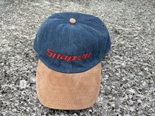 Vintage Snap-on Hat Cap Strap Back Blue Denim Tan Embroidered Mens Made USA 90s