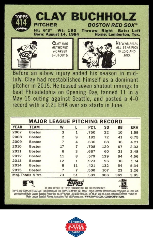 2016 Topps Heritage #414 Clay Buchholz - Image 2 of 2