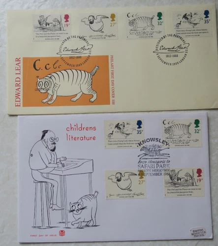 2 x 1988 STUART & PHILART FDCS - EDWARD LEAR STAMPS - KNOWSLEY & LONDON EC1