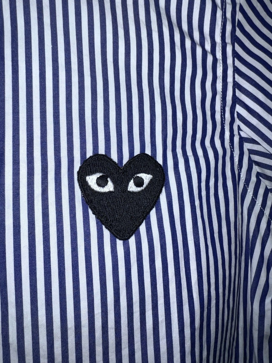 NEW! Women's COMME DES GARCONS PLAY Blue Stripe Black Heart Button