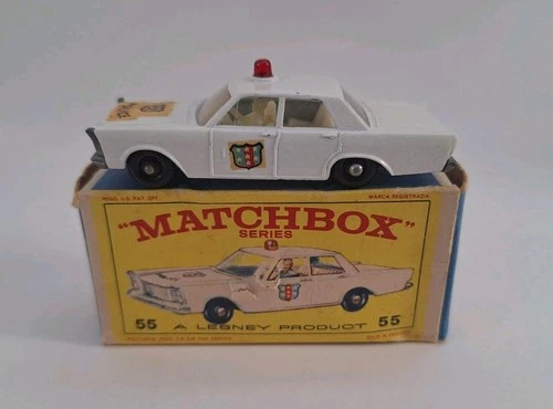 Vintage Lesney Matchbox #55 Ford Galaxie Police Car Red Beacon Light E4 Box 55C