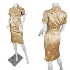 1960s Pale Yellow Silk Jacquard Asian Cheongsam Qipao Dress I Sz XS Bamboo Leaf