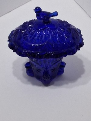 Trinket Dish Bird Cobalt Blue Glass Pedestal Covered Vintage.