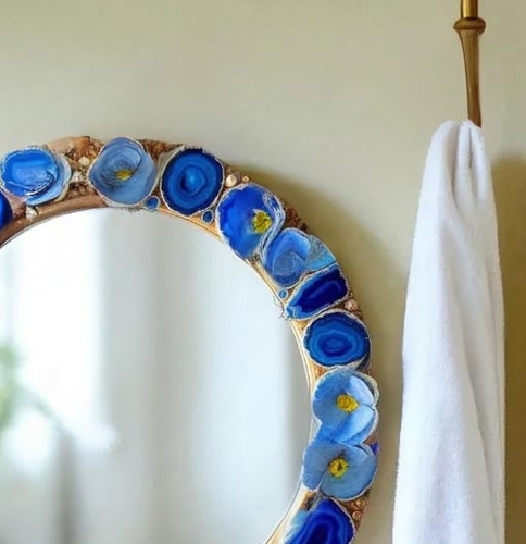 Handcrafted Blue Agate Wall Mirror Frame – Exquisite Polished Natural Gemstone - Picture 2 of 5