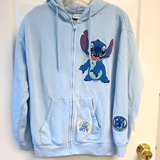 Disney Stitch Women's L Blue Full Zip Fleece Hoodie Embroidered Pockets