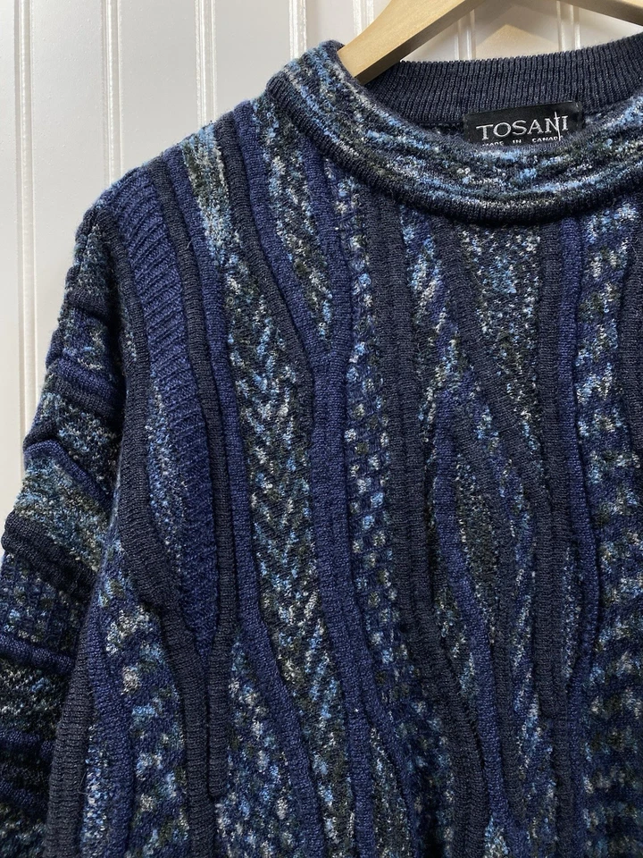 Винтажный 90-х Tosani 3D кабель вязаный свитер мужской 2XL темно-синий Coogi стиль хип-хоп - Изображение 2 из 4