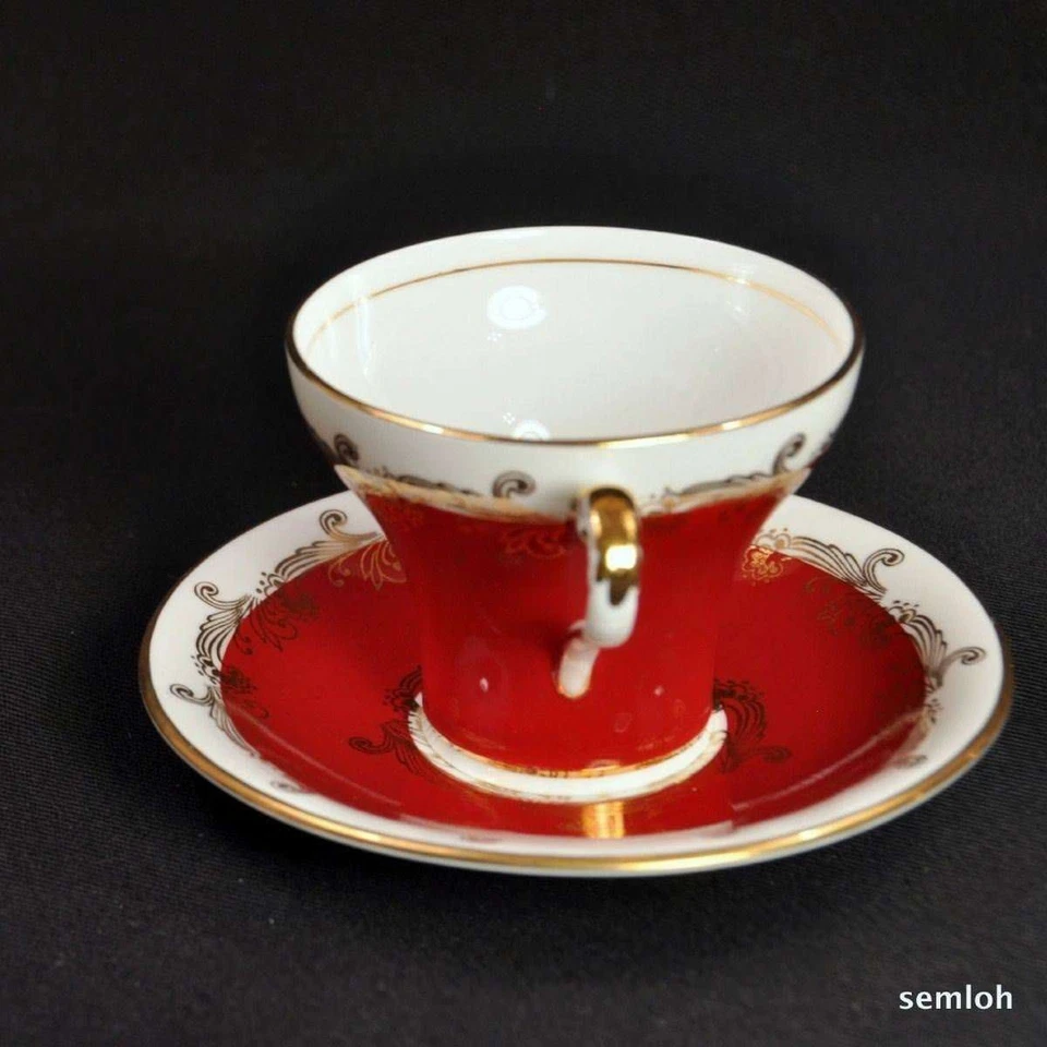 Aynsley Corset Cup & Saucer Deep Garnet Red w/Gold Scrollwork Garland 1960-1971 - Image 2 of 4