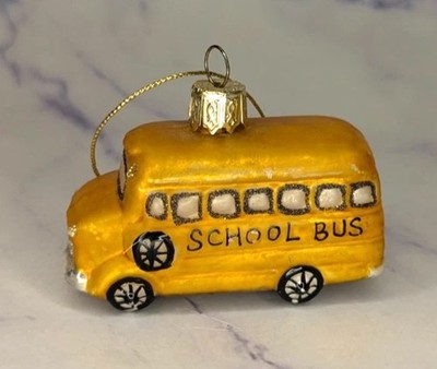 Mini Glass Yellow Gold School Bus Teacher Christmas Tree Ornament 3  Long